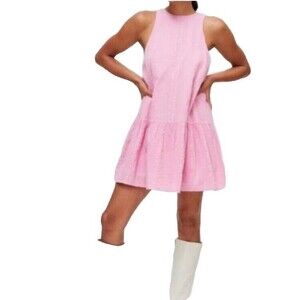 NEW Urban Outfitters‎ Maisy High Neck Frock Pink Ruffle Dress Small Twee Mod